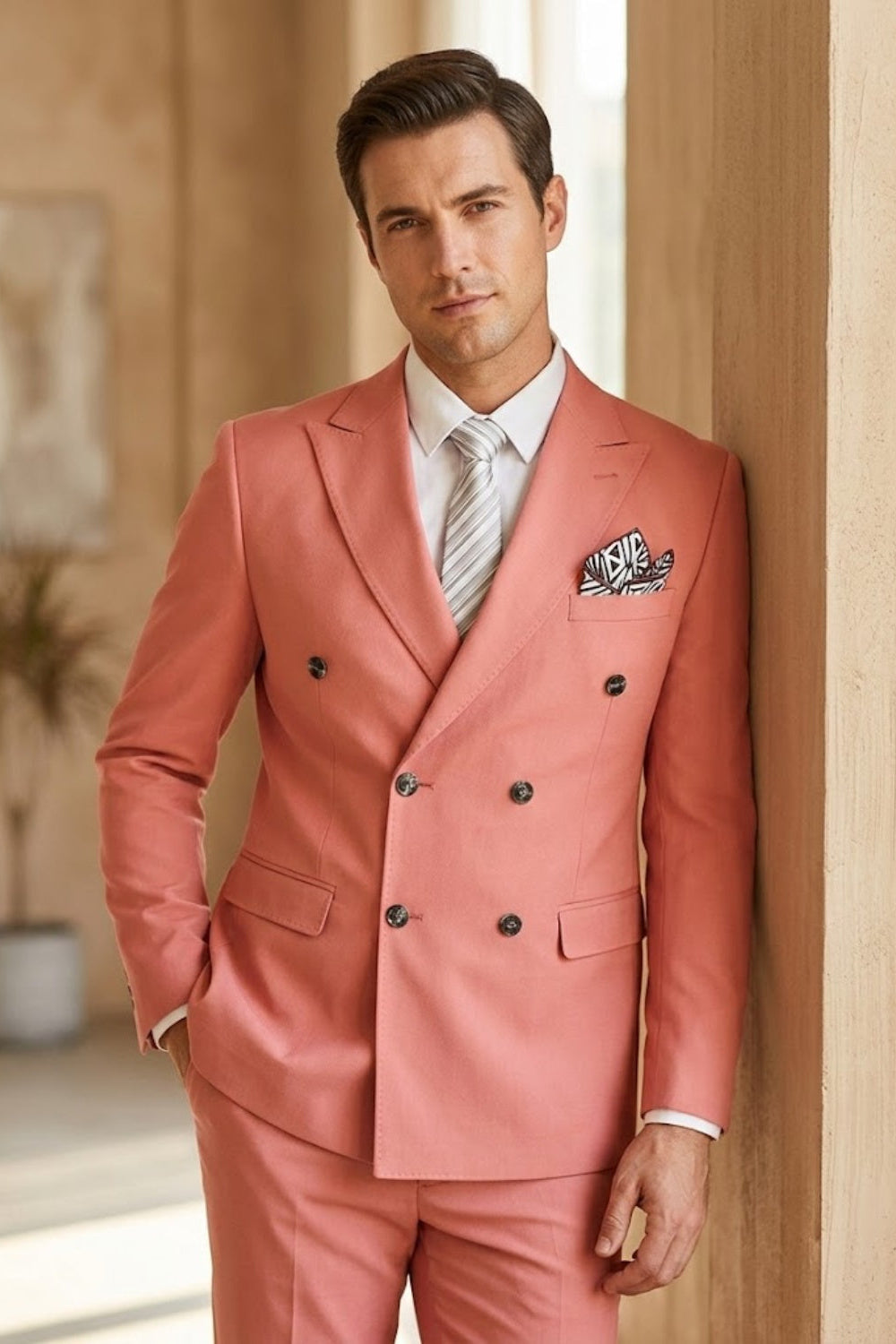 Coral Solid Double Breasted Tailored Fit Prom Suit