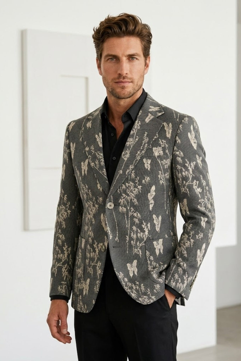 Dark Grey Floral Jacquard Tailored Fit Prom Suit