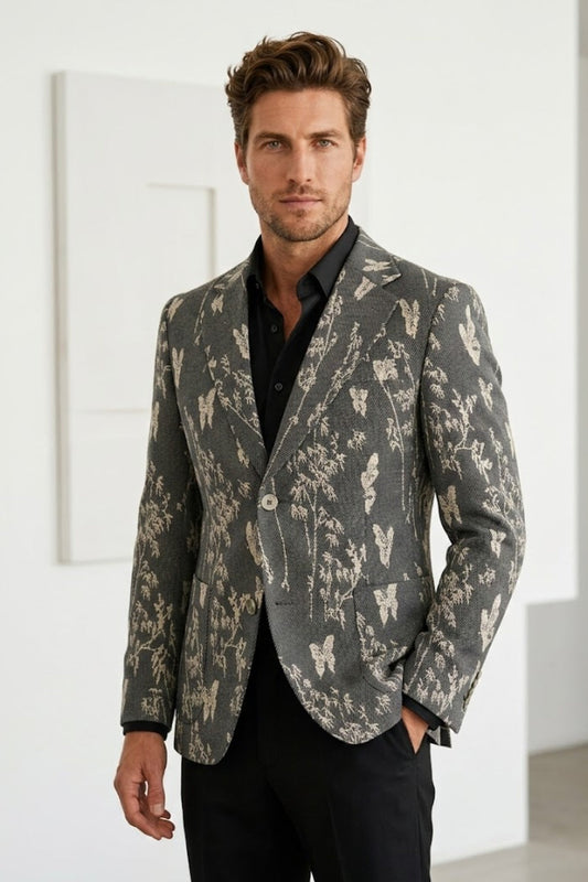 Dark Grey Floral Jacquard Tailored Fit Prom Suit