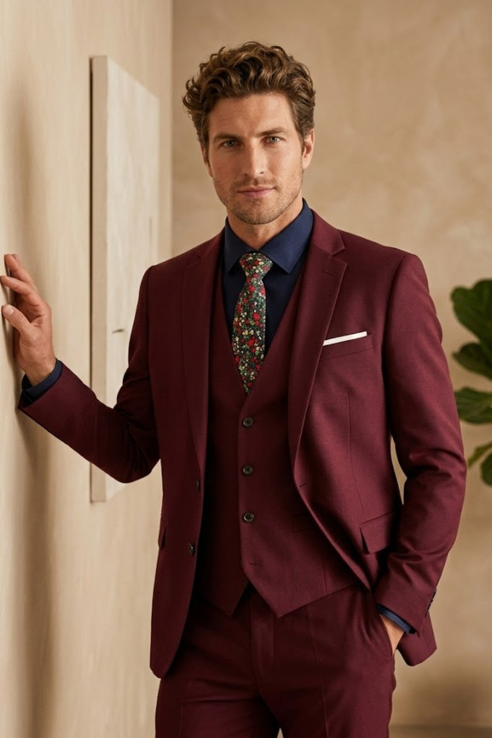 Burgundy Solid Slim Fit Prom Suit