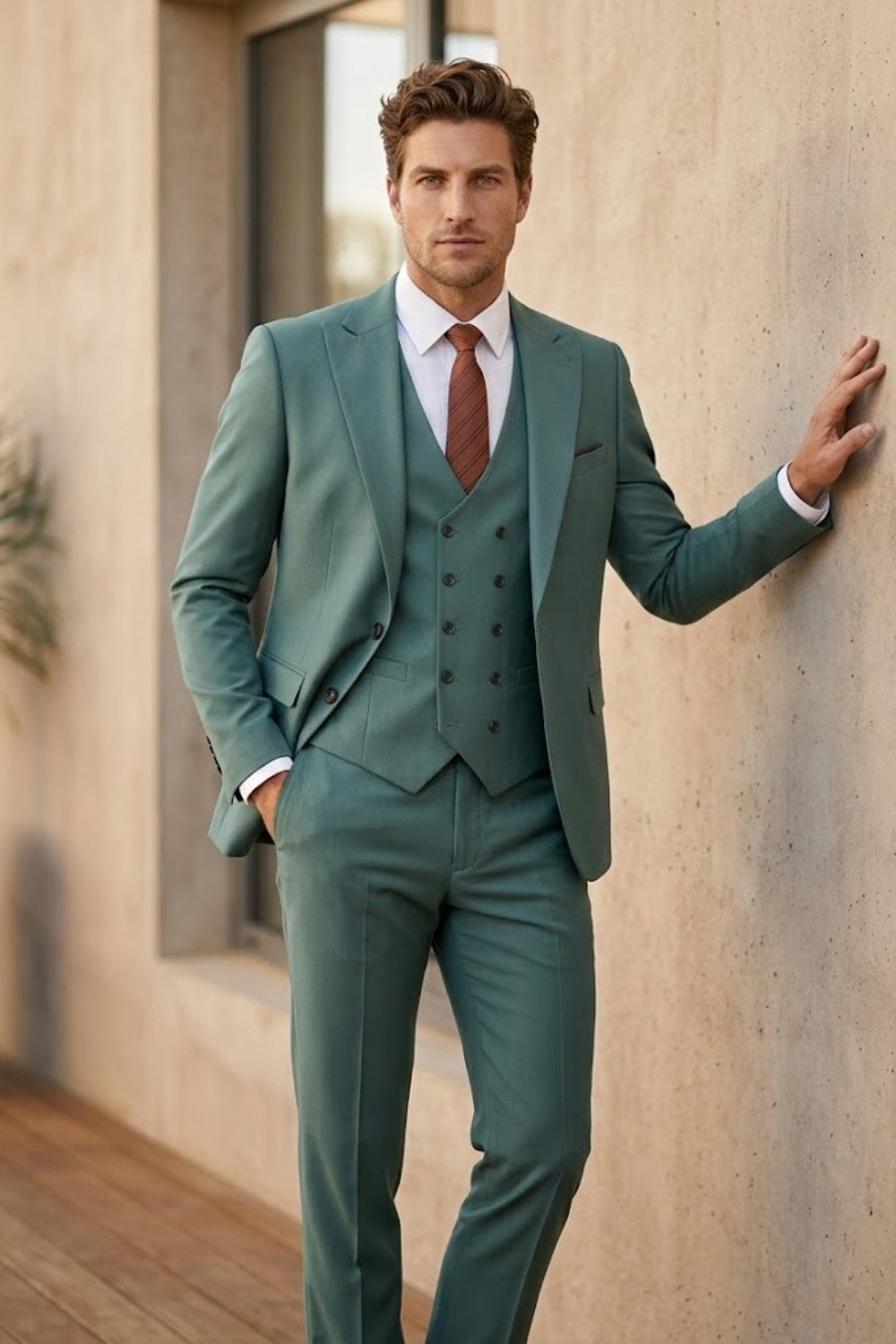 Dusty Green Double Breasted Vest Tailored Fit Wedding Suit