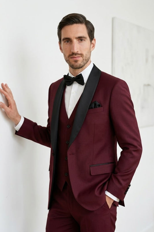 Burgundy Black Shawl Lapel Tailored Fit Formal Suit