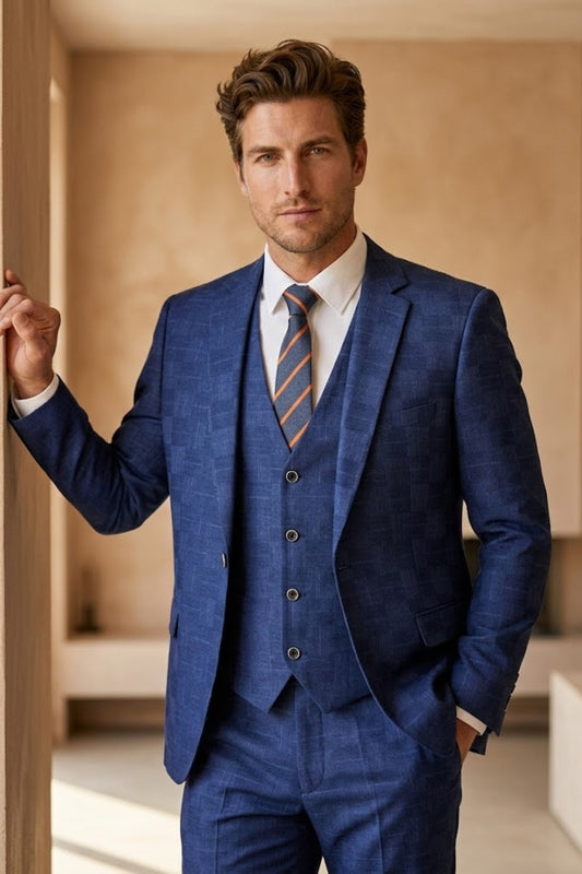 Navy Blue Textured Plaid Slim Fit Prom Suit