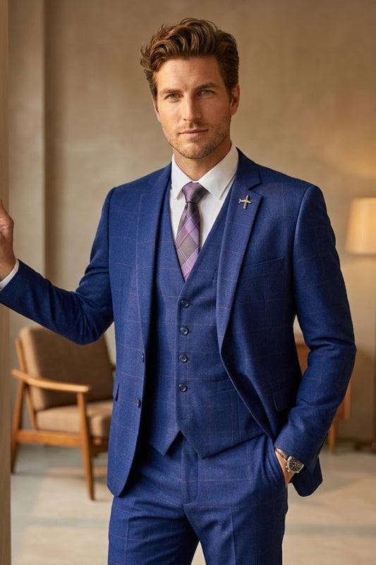 Royal Blue Windowpane Plaid Slim Fit Prom Suit