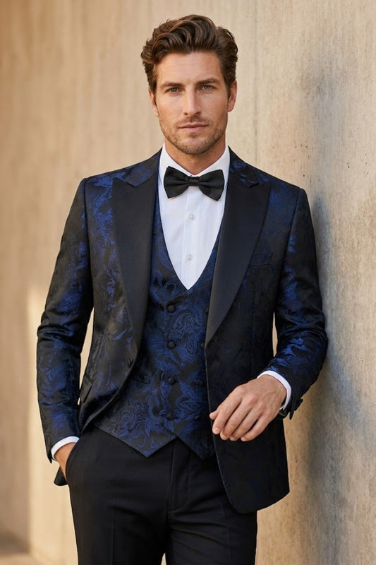 Dark Blue Floral Jacquard Refined Fit Prom Suit