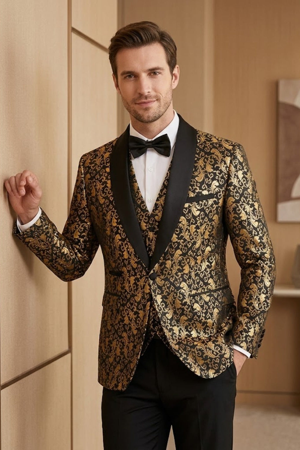 Black Gold Metallic Paisley Jacquard Fit Tuxedo Prom Suit