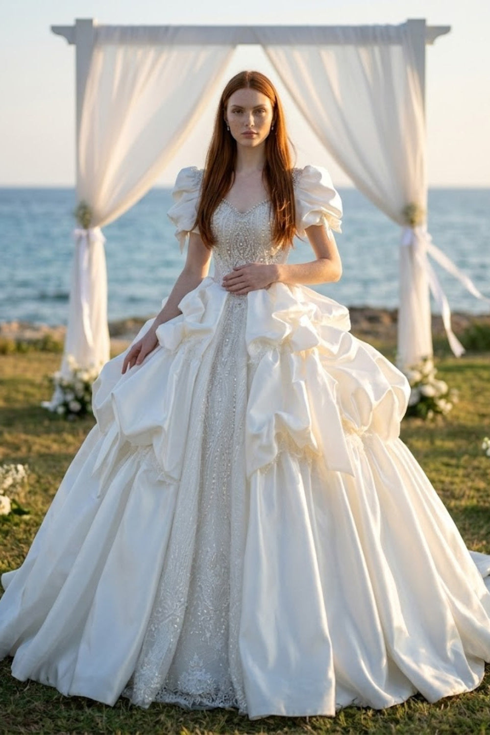 Ivory Beaded Satin Sweetheart Puff Sleeve Ball Gown Wedding Dress
