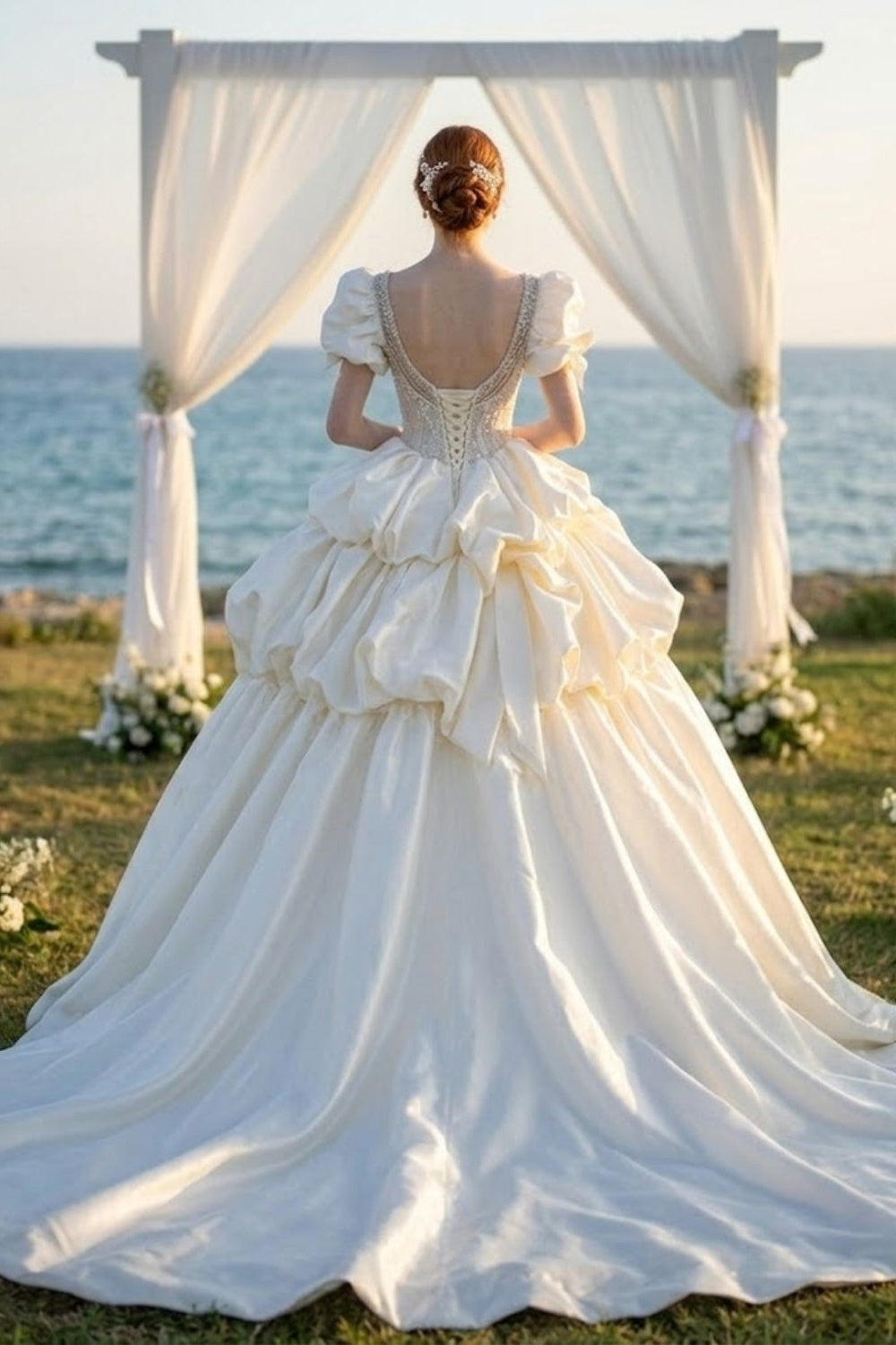 Ivory Beaded Satin Sweetheart Puff Sleeve Ball Gown Wedding Dress