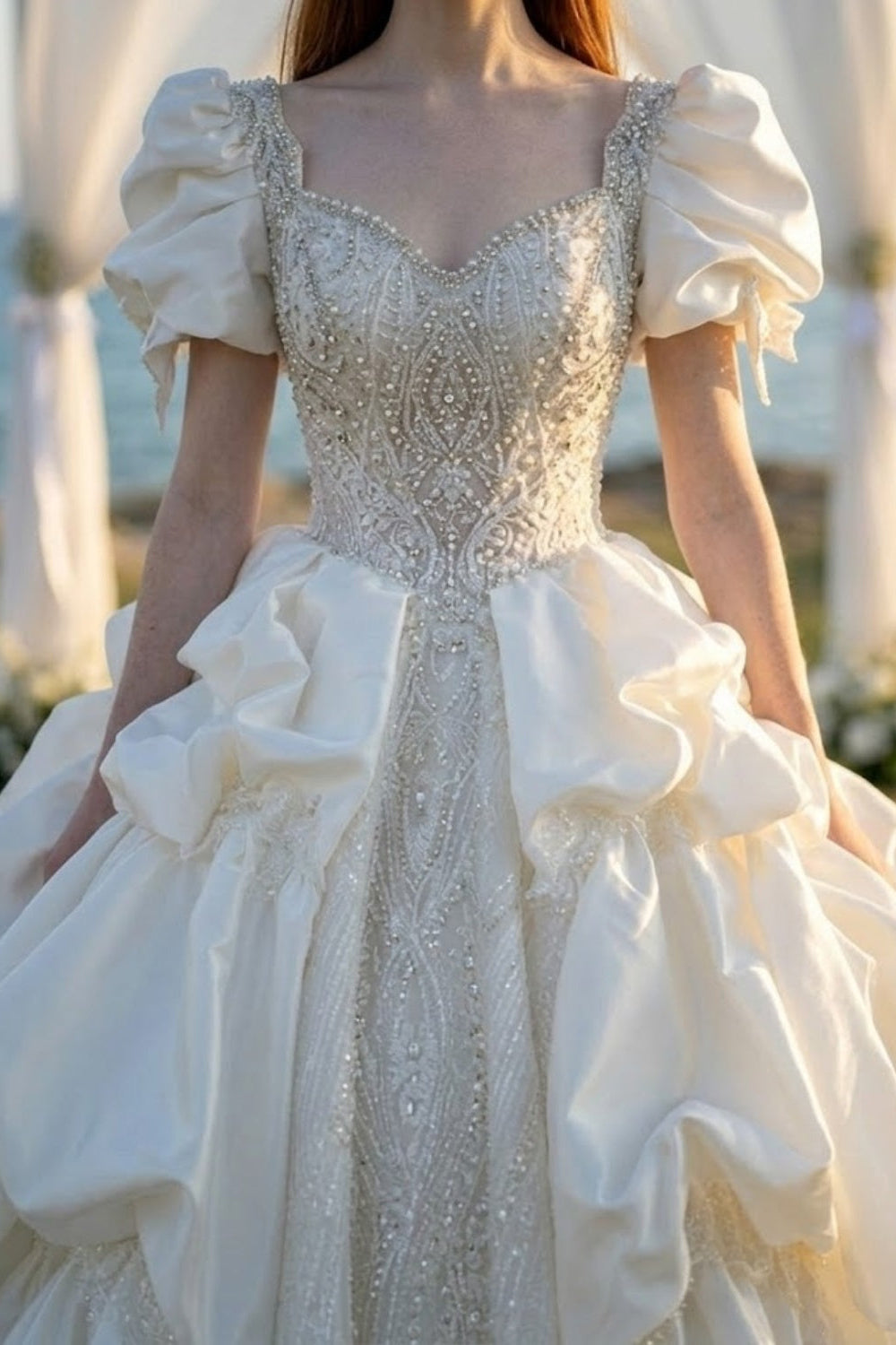Ivory Beaded Satin Sweetheart Puff Sleeve Ball Gown Wedding Dress