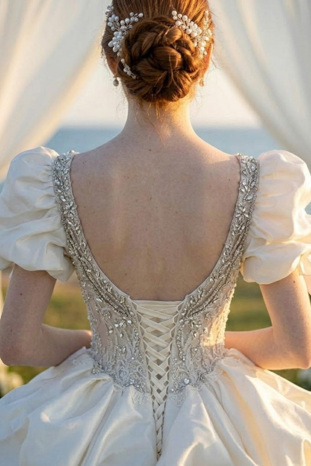 Ivory Beaded Satin Sweetheart Puff Sleeve Ball Gown Wedding Dress