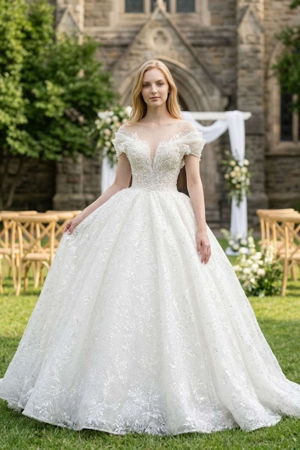 White Beaded Lace V-Neck Off-the-Shoulder Ball Gown Wedding Dress