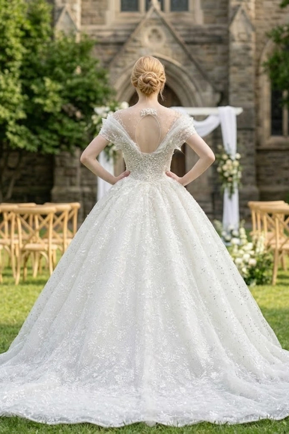 White Beaded Lace V-Neck Off-the-Shoulder Ball Gown Wedding Dress