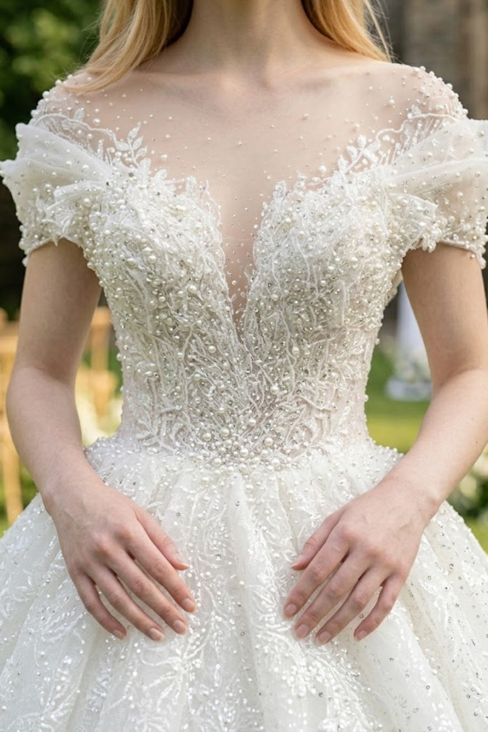 White Beaded Lace V-Neck Off-the-Shoulder Ball Gown Wedding Dress