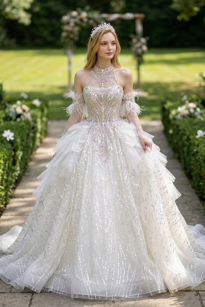 White Sequin Tulle High Neck Off-the-Shoulder Ball Gown Wedding Dress