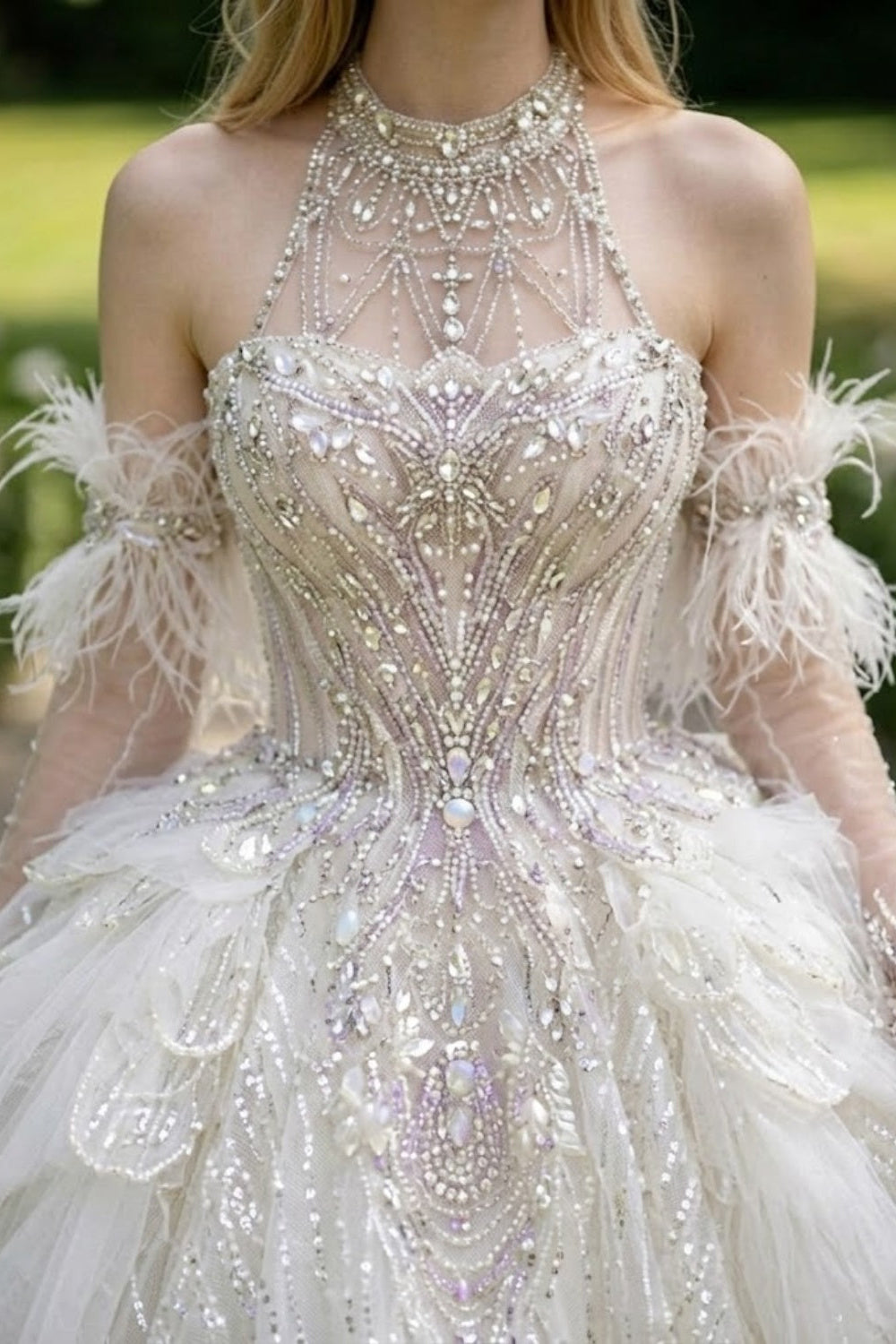 White Sequin Tulle High Neck Off-the-Shoulder Ball Gown Wedding Dress