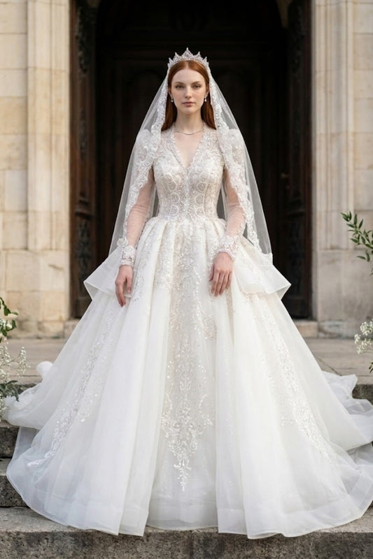White Lace V-Neck Long Sleeve Ball Gown Wedding Dress