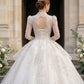 White Lace V-Neck Long Sleeve Ball Gown Wedding Dress