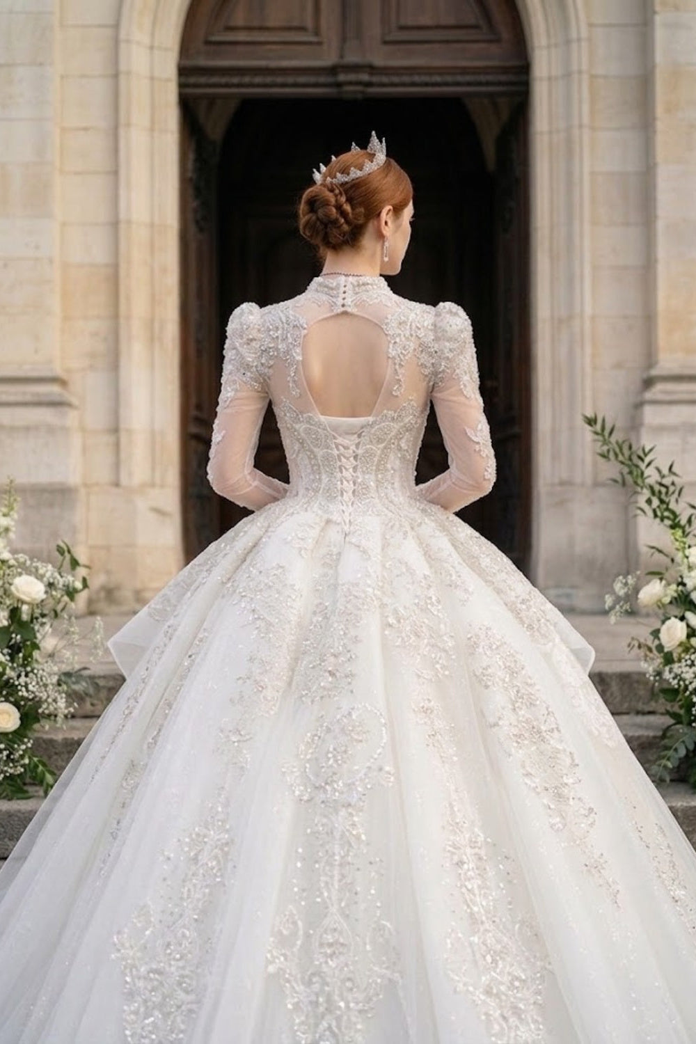 White Lace V-Neck Long Sleeve Ball Gown Wedding Dress
