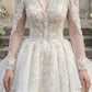 White Lace V-Neck Long Sleeve Ball Gown Wedding Dress