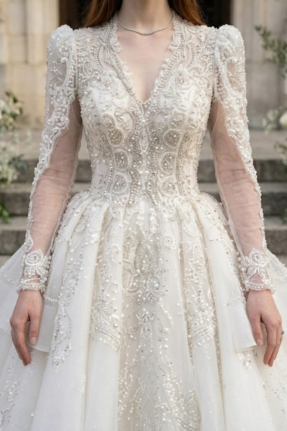 White Lace V-Neck Long Sleeve Ball Gown Wedding Dress