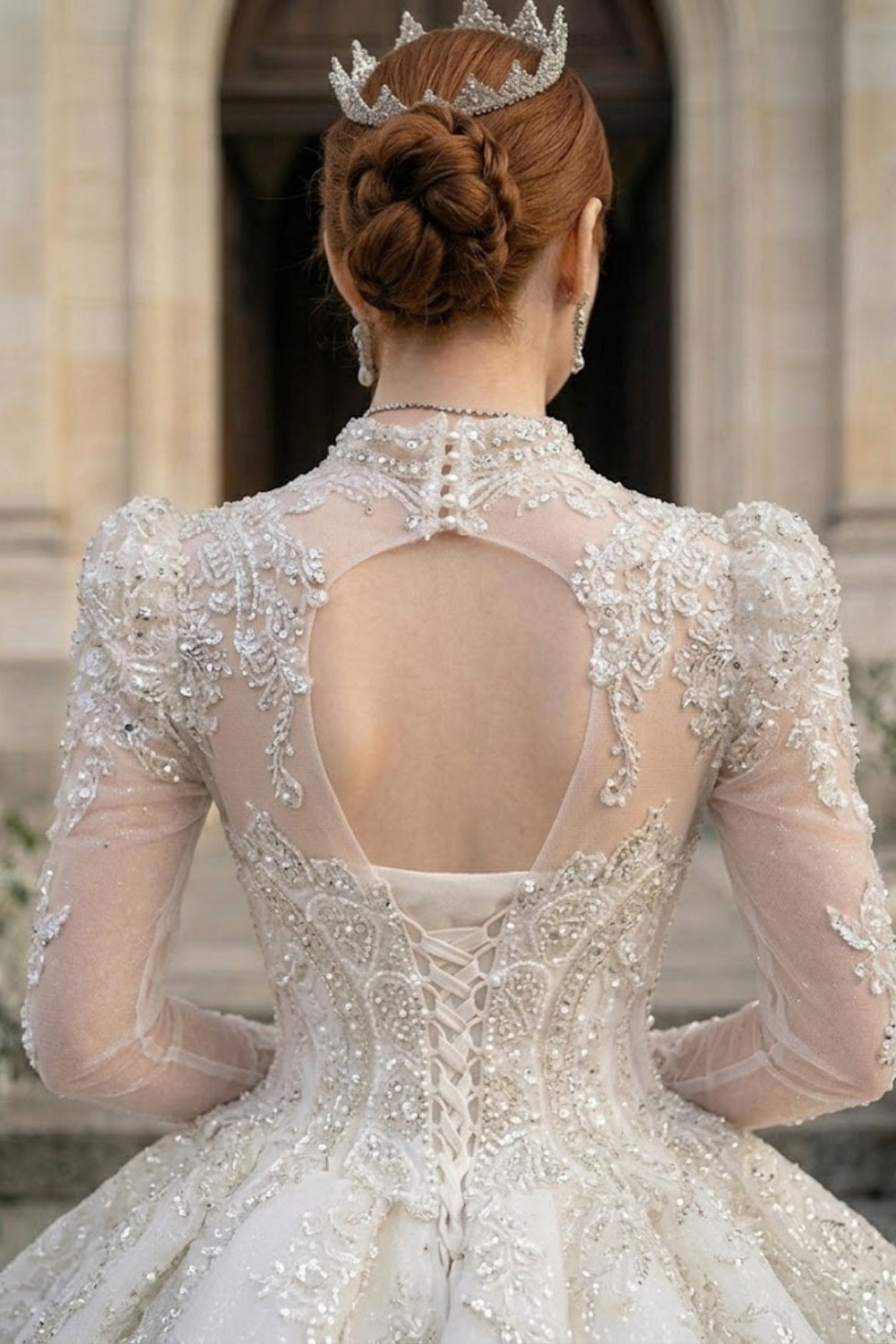 White Lace V-Neck Long Sleeve Ball Gown Wedding Dress