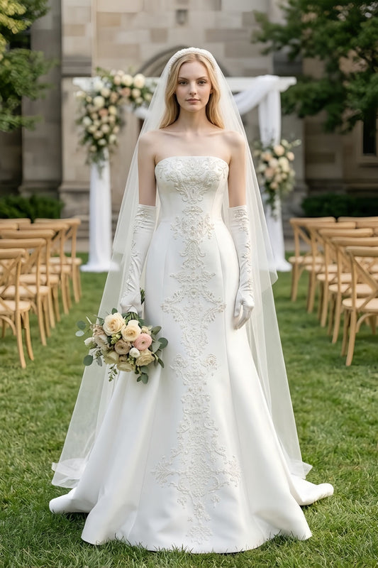 White Strapless A Line Wedding Dress with Appliques