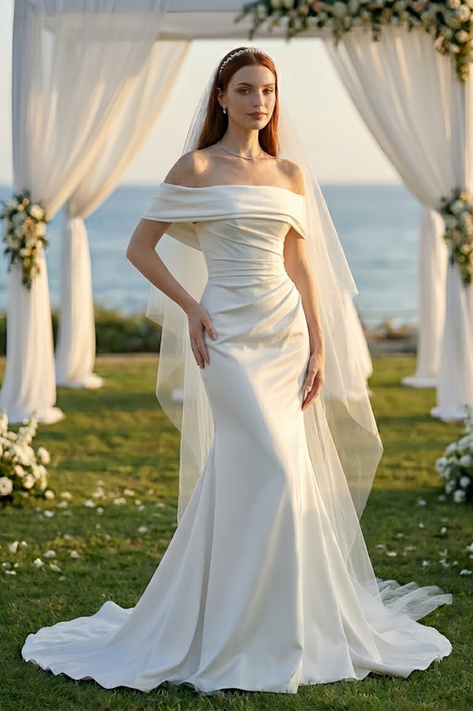 White Off the Shoulder Mermaid Wedding Dress with Ruching