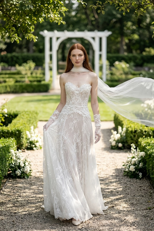 Ivory Lace Sweetheart A Line Wedding Dress with Cape
