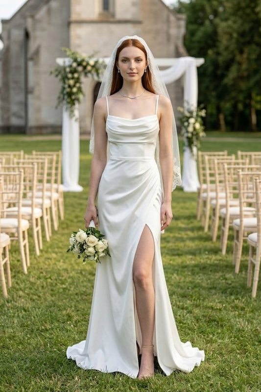 Ivory Satin Cowl Neck Sleeveless Modern Wedding Dress