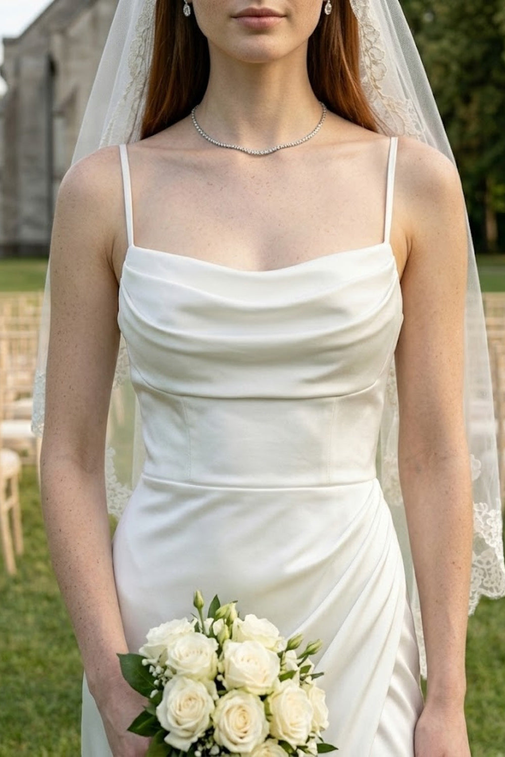 Ivory Satin Cowl Neck Sleeveless Modern Wedding Dress