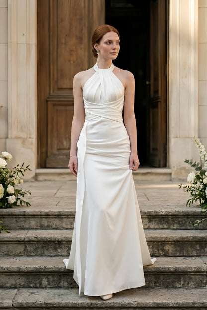 White Halter Sheath Wedding Dress with Rushing