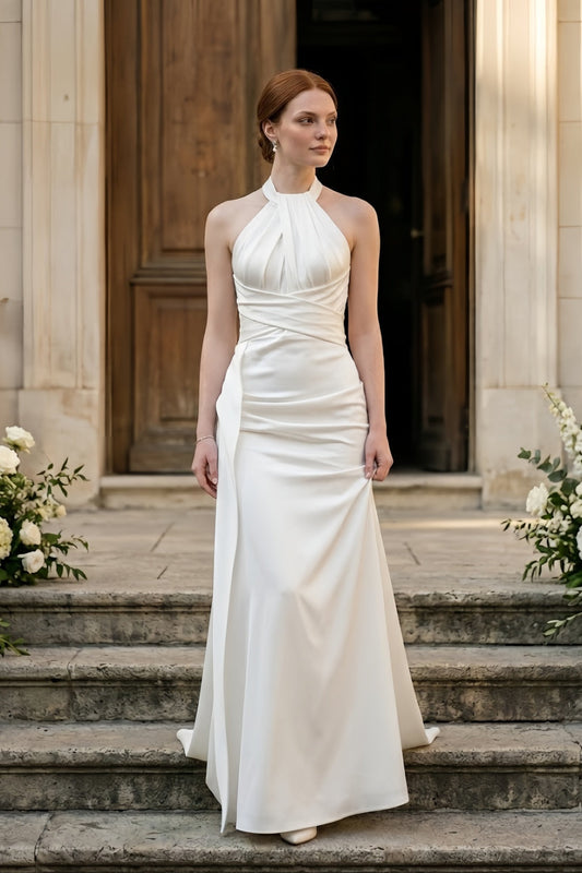 White Halter Sheath Wedding Dress with Rushing
