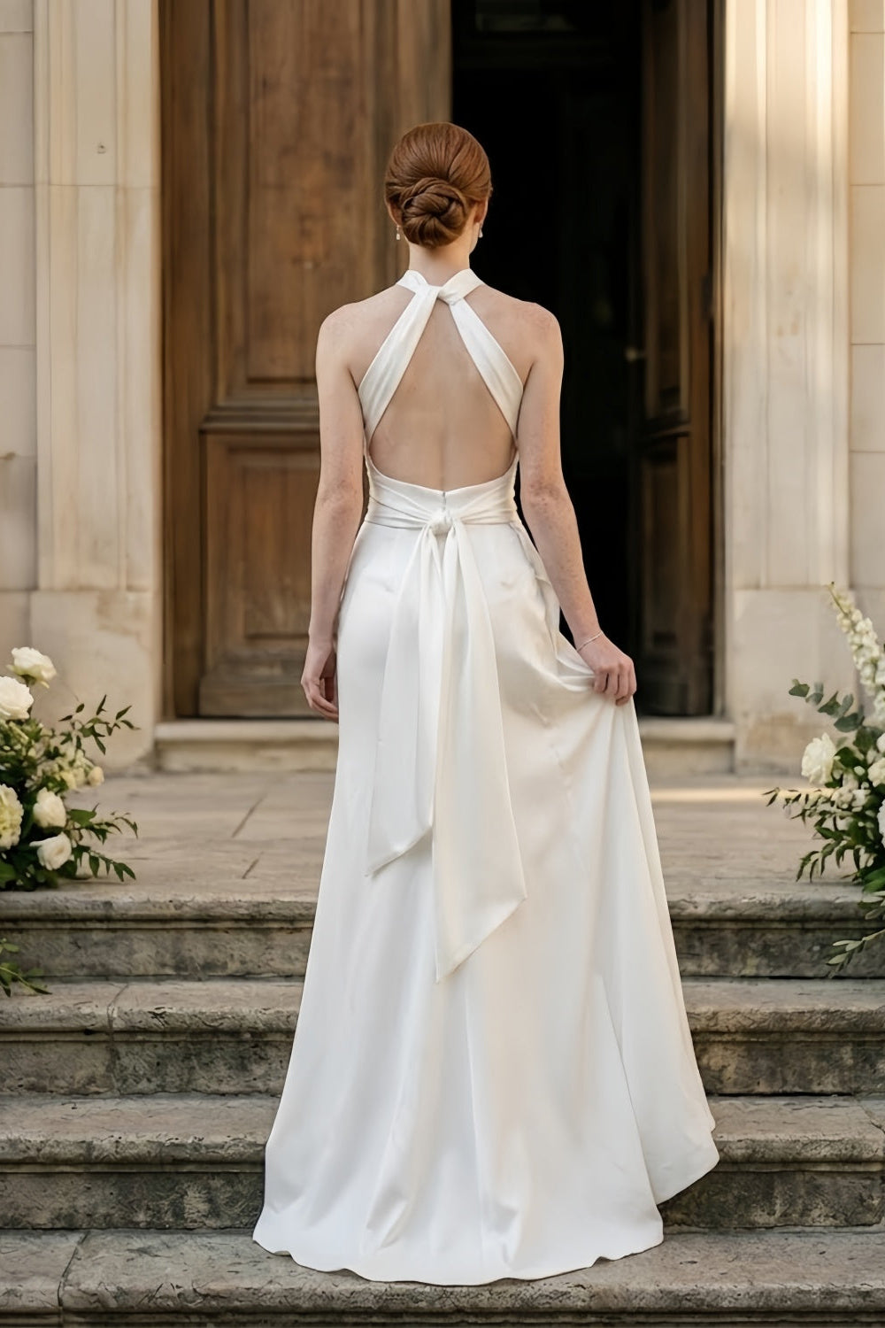 White Halter Sheath Wedding Dress with Rushing