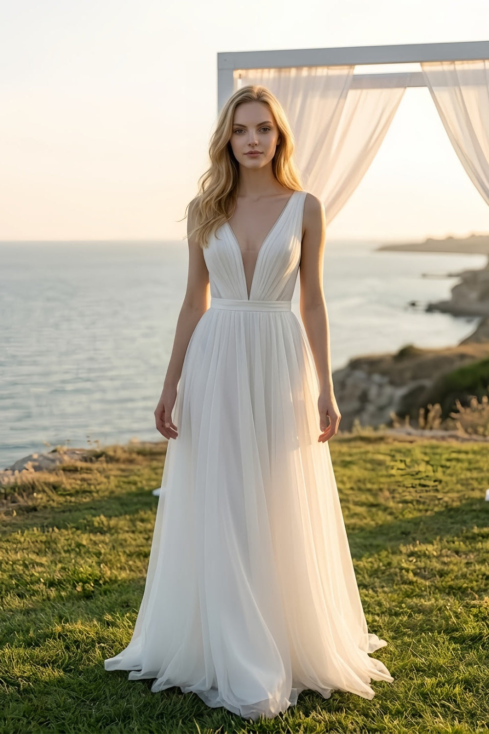 White A-Line V neck Wedding Dress with Pleats