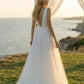 White A-Line V neck Wedding Dress with Pleats