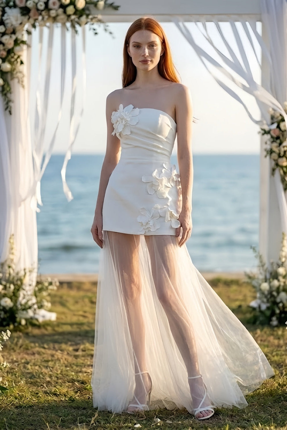 White Strapless Mini Wedding Dress with 3D Flowers