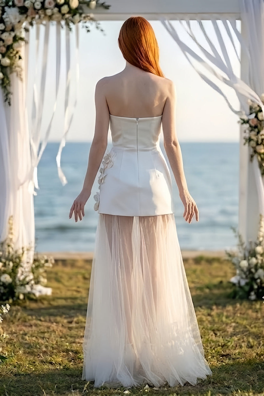 White Strapless Mini Wedding Dress with 3D Flowers