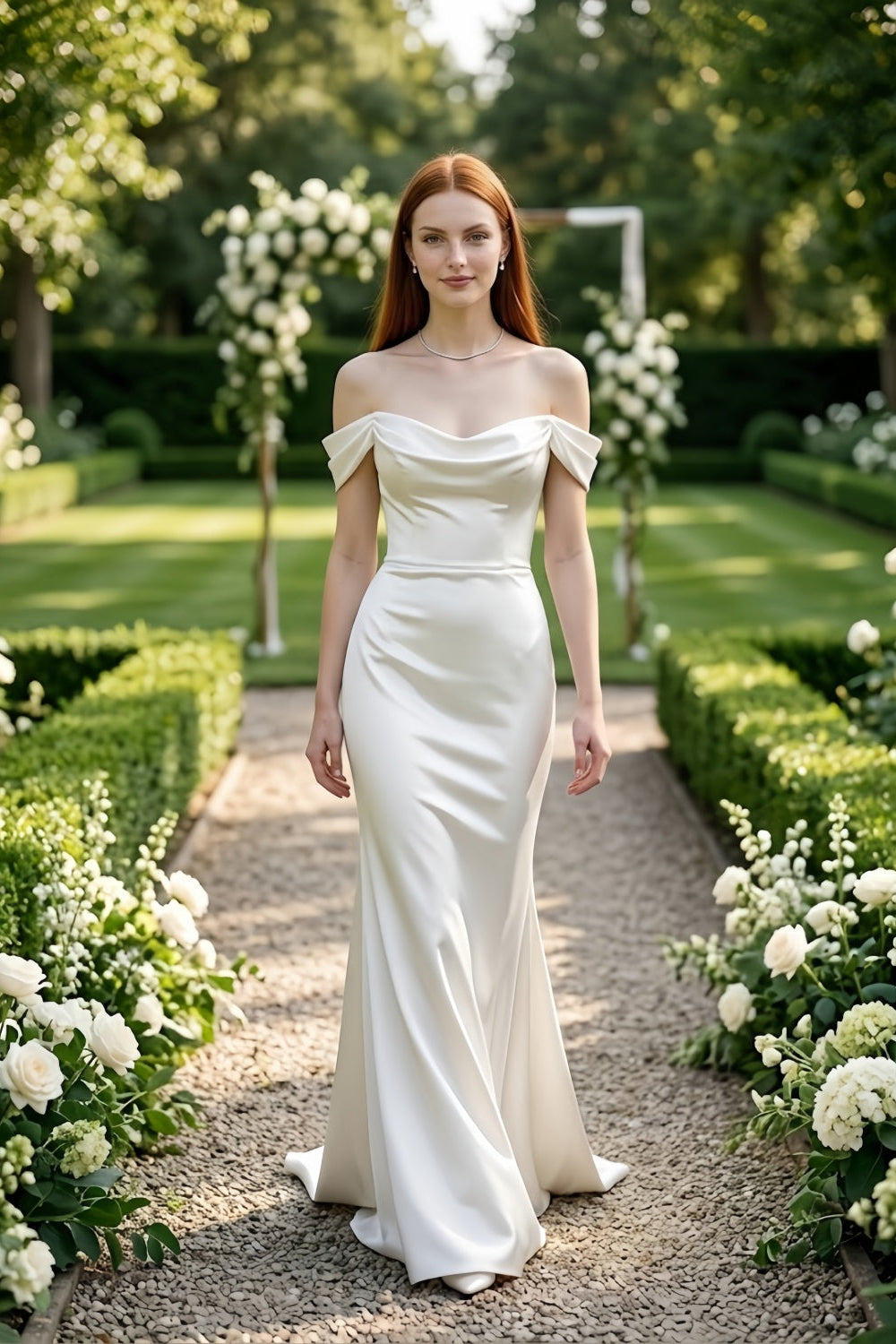 White Draped Off the Shoulder Mermaid Wedding Dress