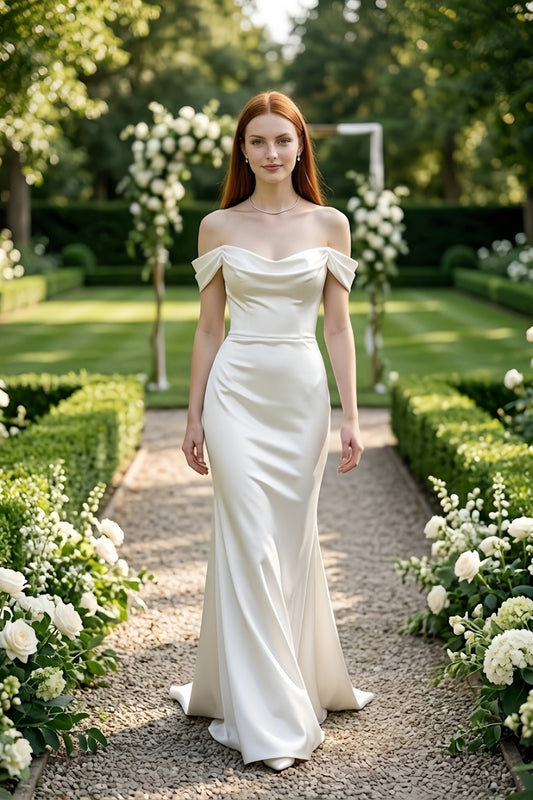 White Draped Off the Shoulder Mermaid Wedding Dress