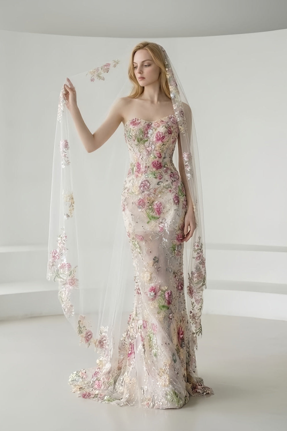 Champagne Strapless Mermaid Wedding Dress with Floral Appliques