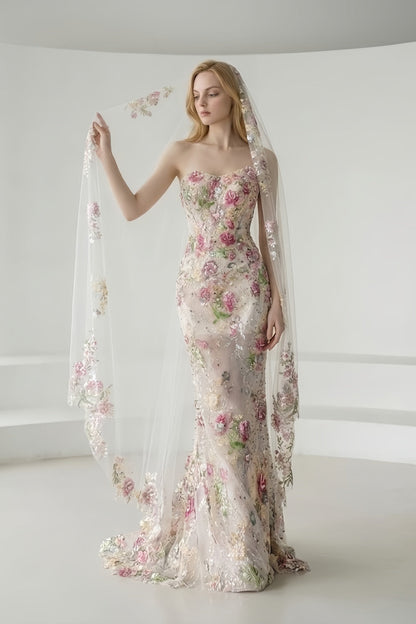 Champagne Strapless Mermaid Wedding Dress with Floral Appliques