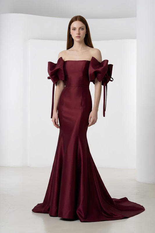 Burgundy Off the Shoulder Mermaid Wedding Dress