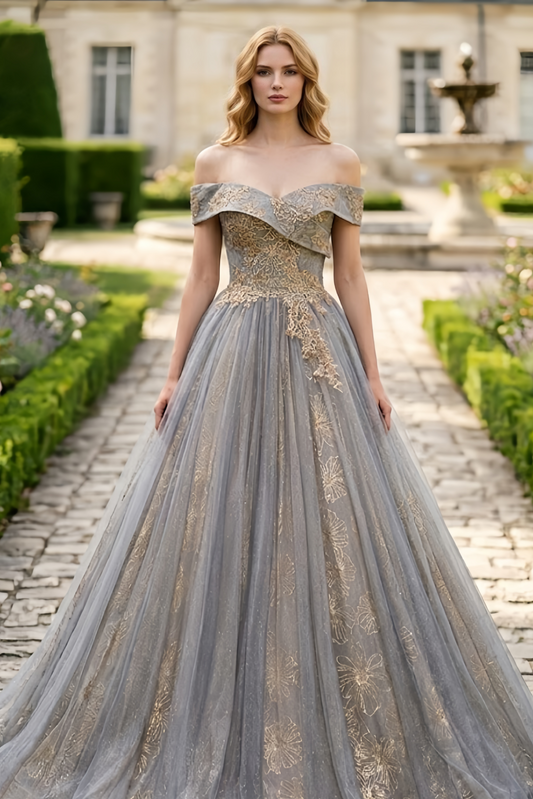 Grey Off the Shoulder Ball Gown Quinceanera Dress with Gold Appliques