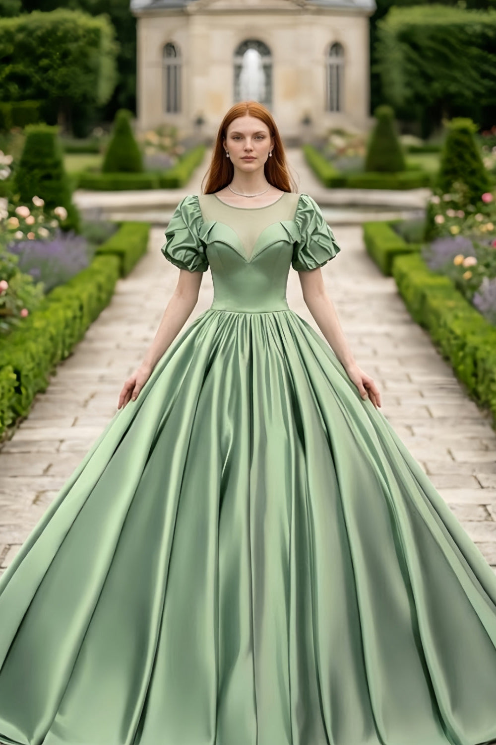 Sage Ball Gown Illusion Neckline Quinceanera Dress