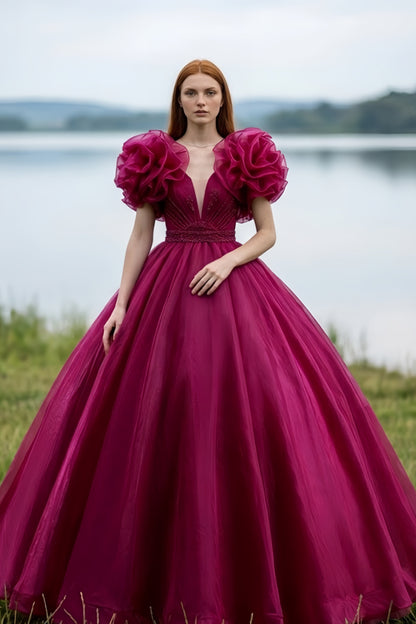 Fuchsia Ball Gown V Neck Quinceanera Dress with Ruched Puff Sleeves