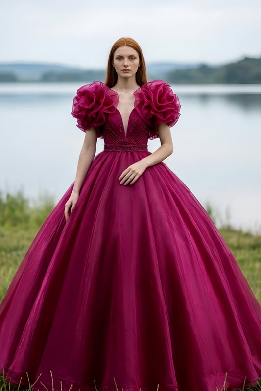 Fuchsia Ball Gown V Neck Quinceanera Dress with Ruched Puff Sleeves