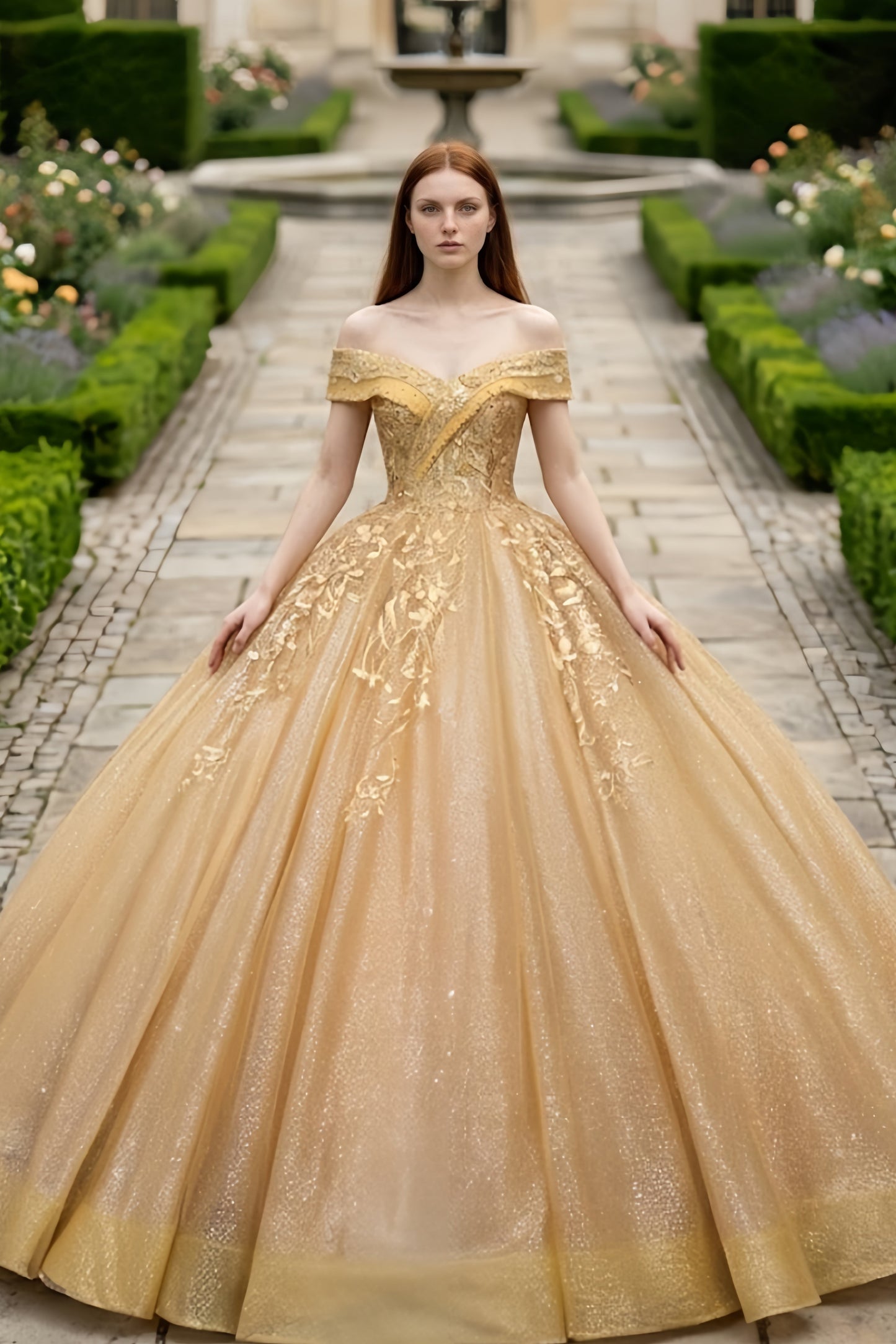 Gold Ball Gown Off the Shoulder Quinceanera Dress with Appliques