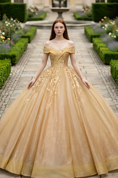 Gold Ball Gown Off the Shoulder Quinceanera Dress with Appliques