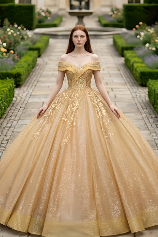 Gold Ball Gown Off the Shoulder Quinceanera Dress with Appliques