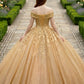 Gold Ball Gown Off the Shoulder Quinceanera Dress with Appliques